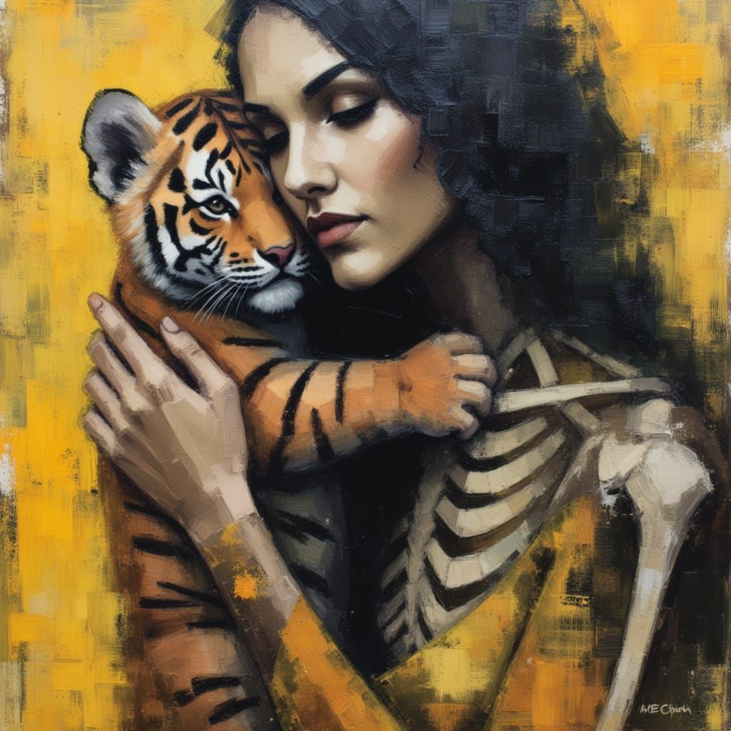 Wholesome Indian Skeleton Woman Hugs Tiger Cub
