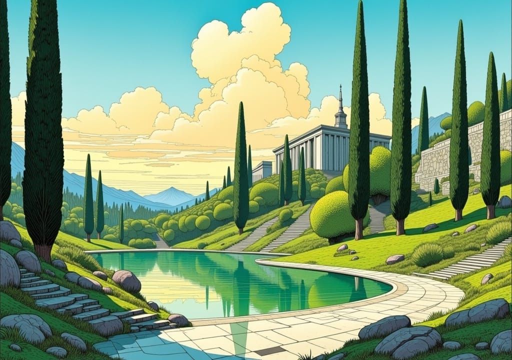 Greek Garden in Arthur Rackham Style