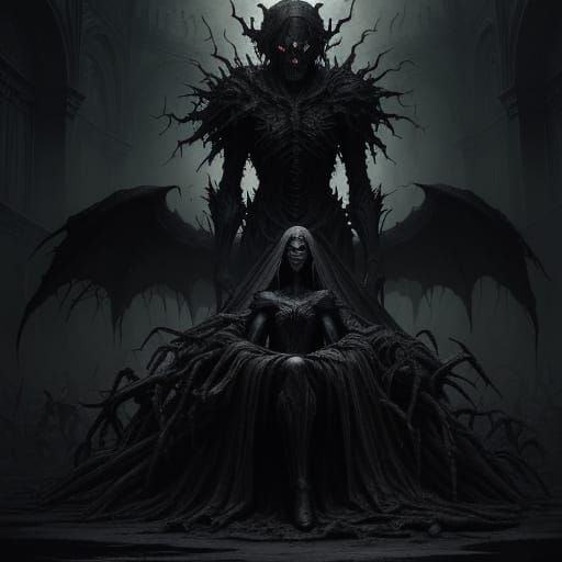 Dark Fantasy Art of Shadowed Figures in Despair