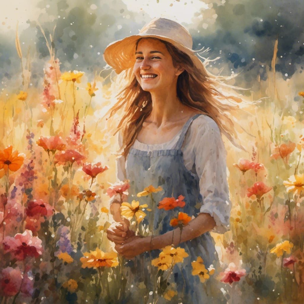 Woman in Sunlit Field: Impressionist Watercolor Painting