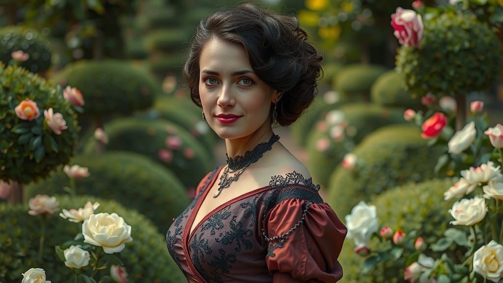 Woman in 19th-Century Portraiture with Intricate Lace Detail...