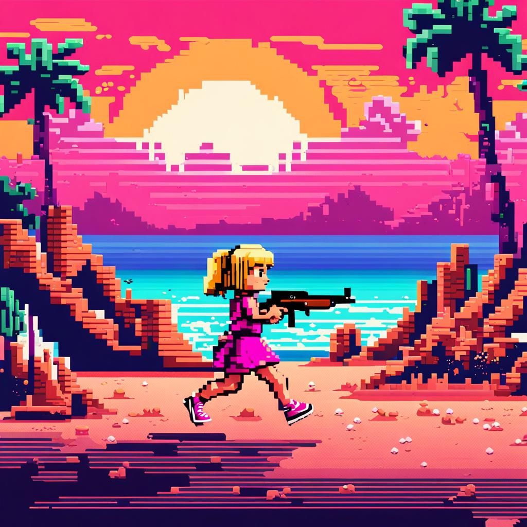 Classic Retro Girl Runner in Pink Dress and Sneakers Aiming...