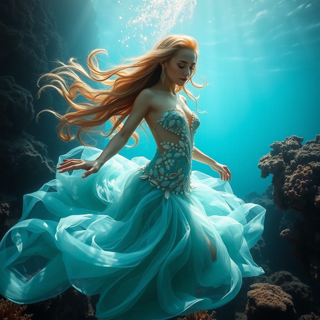Glamorous Mermaid Diving in Surreal Ocean Depths