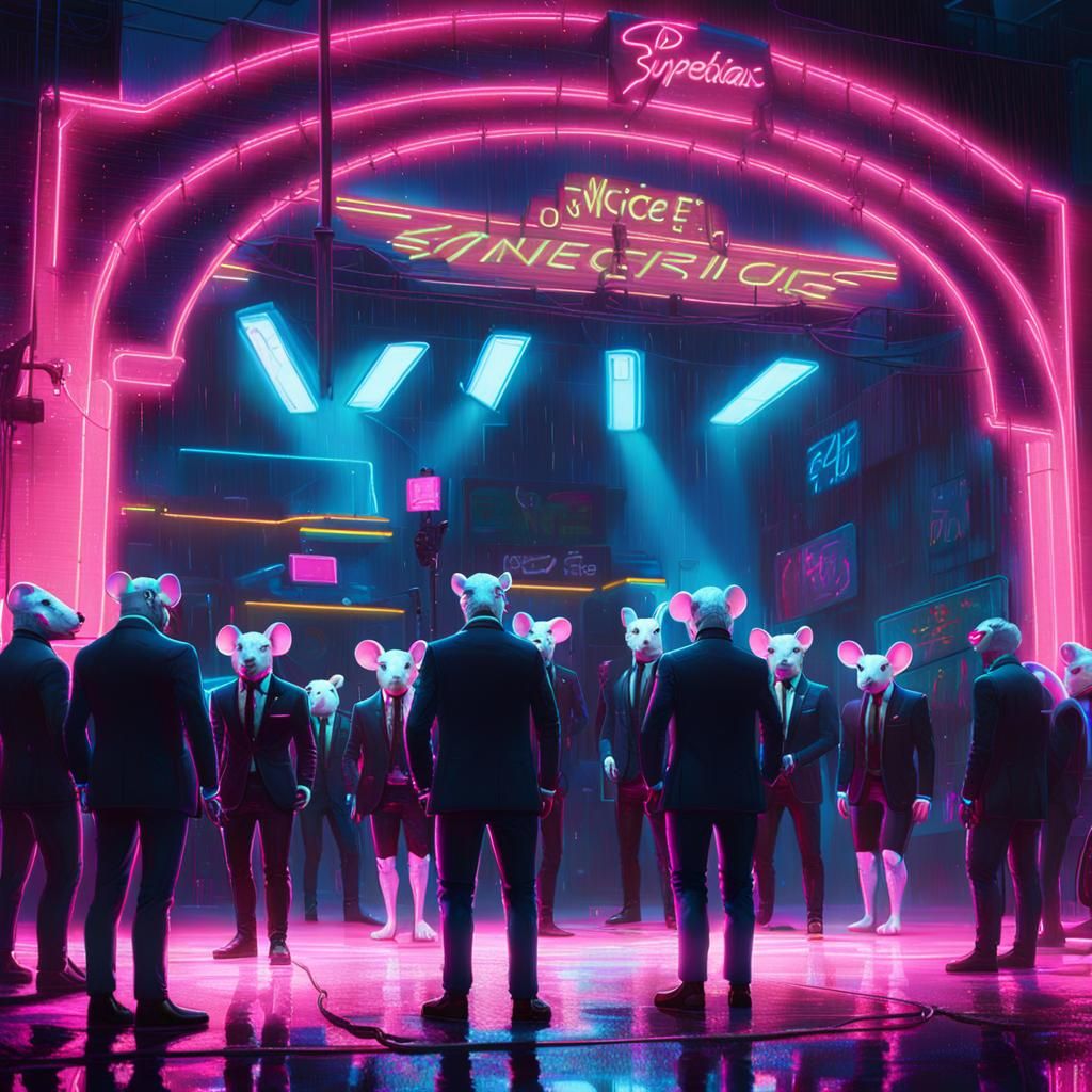 Cyberpunk Mice Watching Musician in Neon City