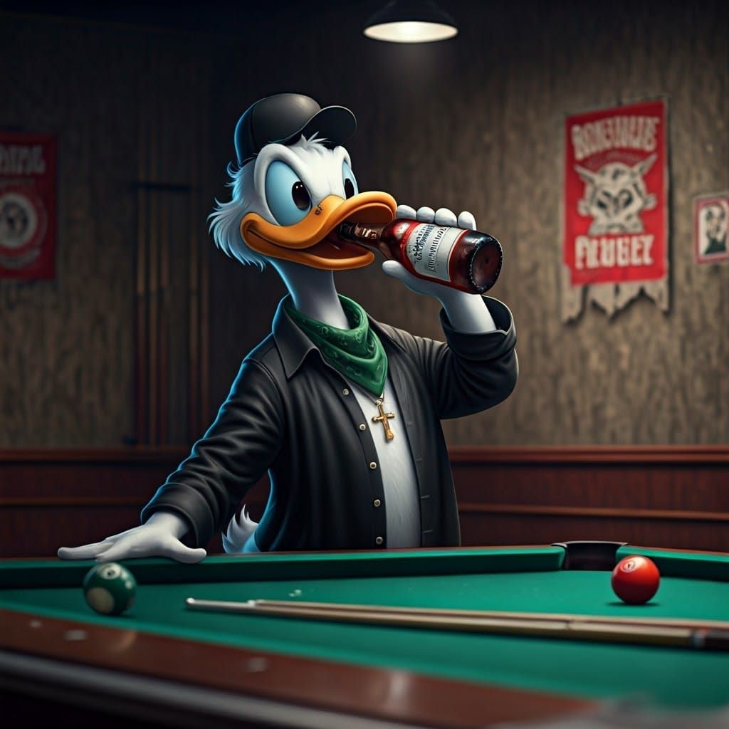 Donald Duck in Film Noir Style, Vintage Pool Table, and Beer
