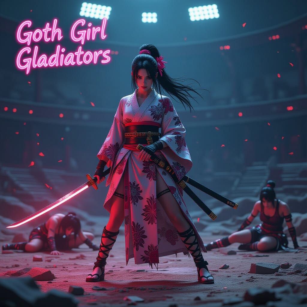 Goth Girl Gladiator in Ruined Arena, WLOP and Loish Style