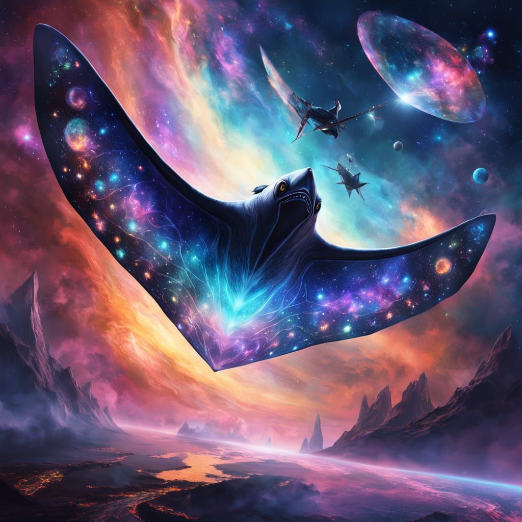 Ethereal Manta Ray Spaceship in Cosmic Nebula