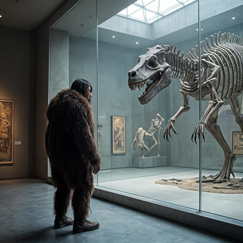 Neanderthal Gazing at Dinosaur Skeleton in Museum
