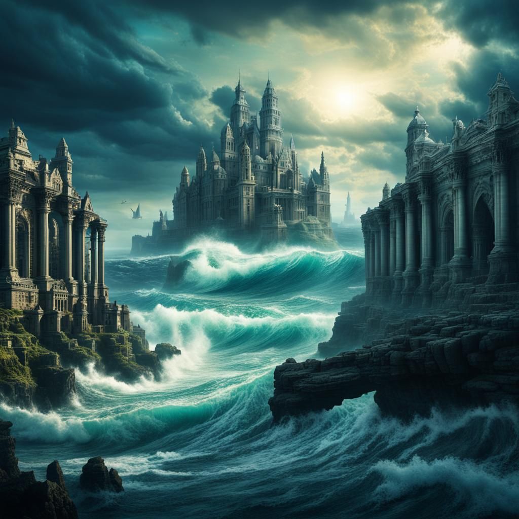 Surreal Atlantis Under Majestic Ocean Waves