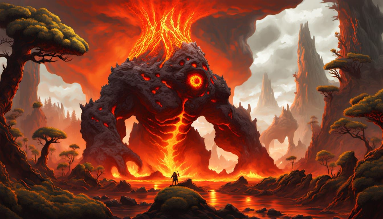 Primordial Colossus Shields Animals in Volcanic Landscape