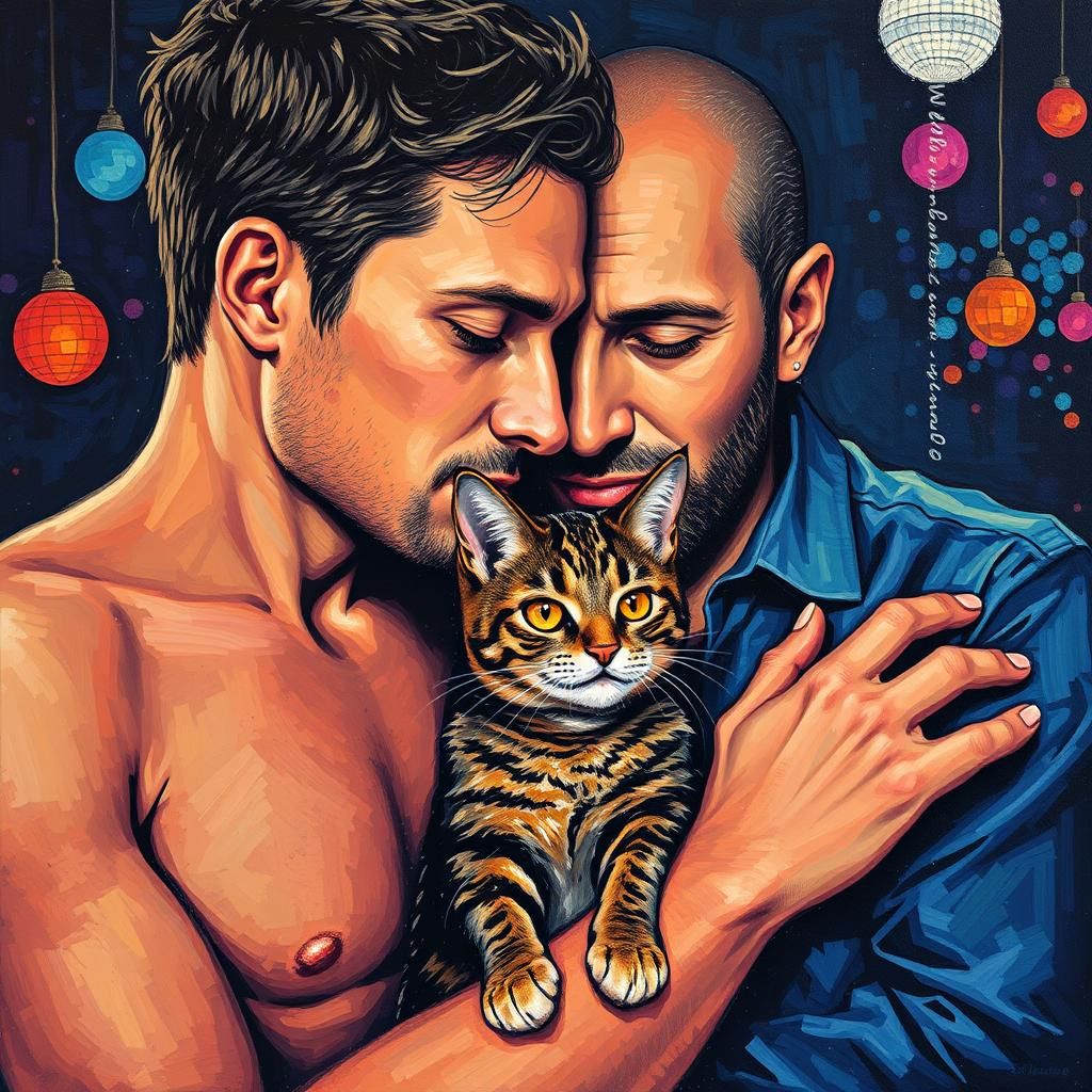 Gay Couple Petting Cat: Pointillist Neo-Impressionism