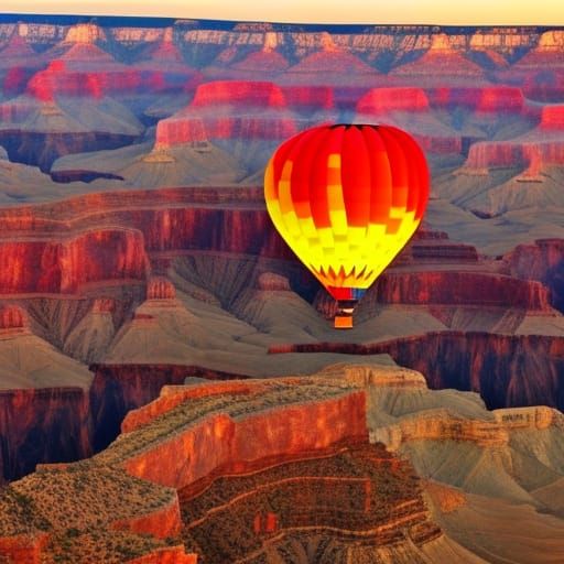 Grand Canyon in the sunset view hot air balloon in the sky from down below panoramic view