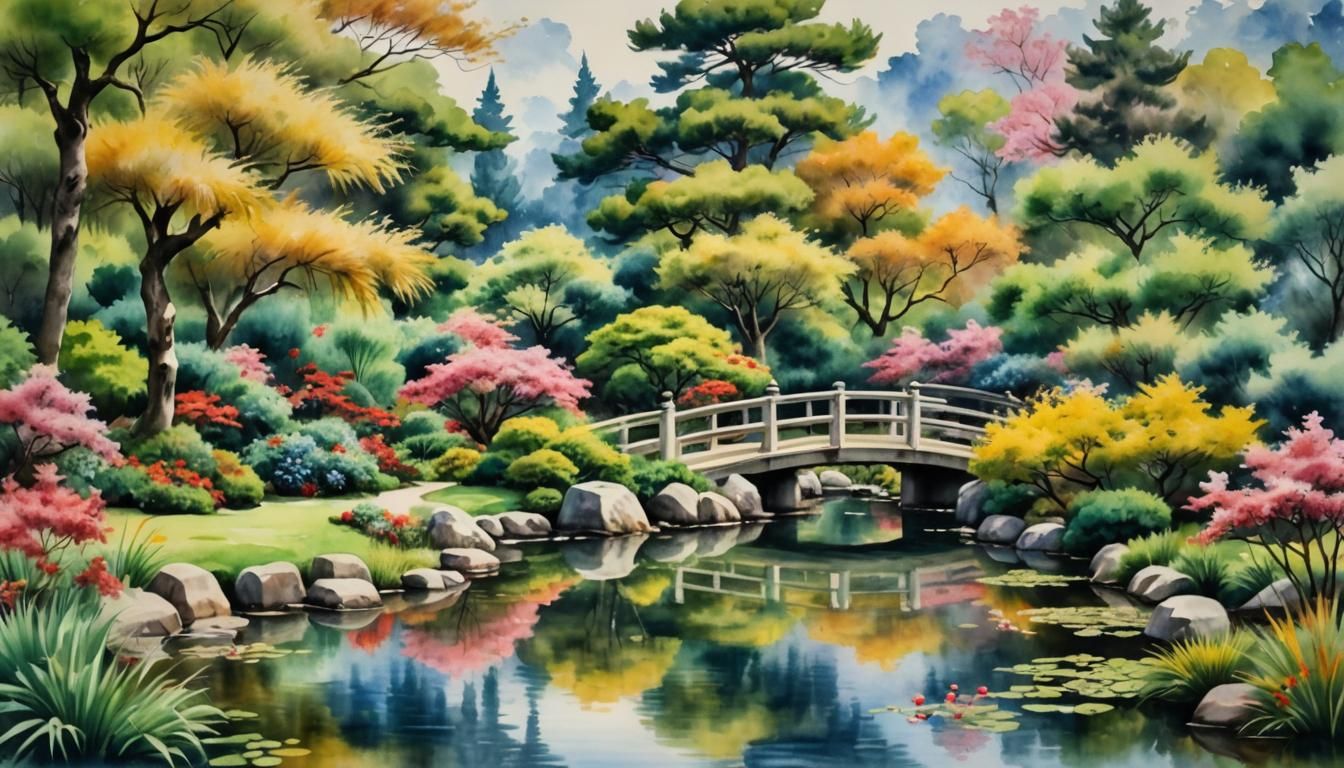 Romantic Watercolor: Japanese Garden in Impressionist Style