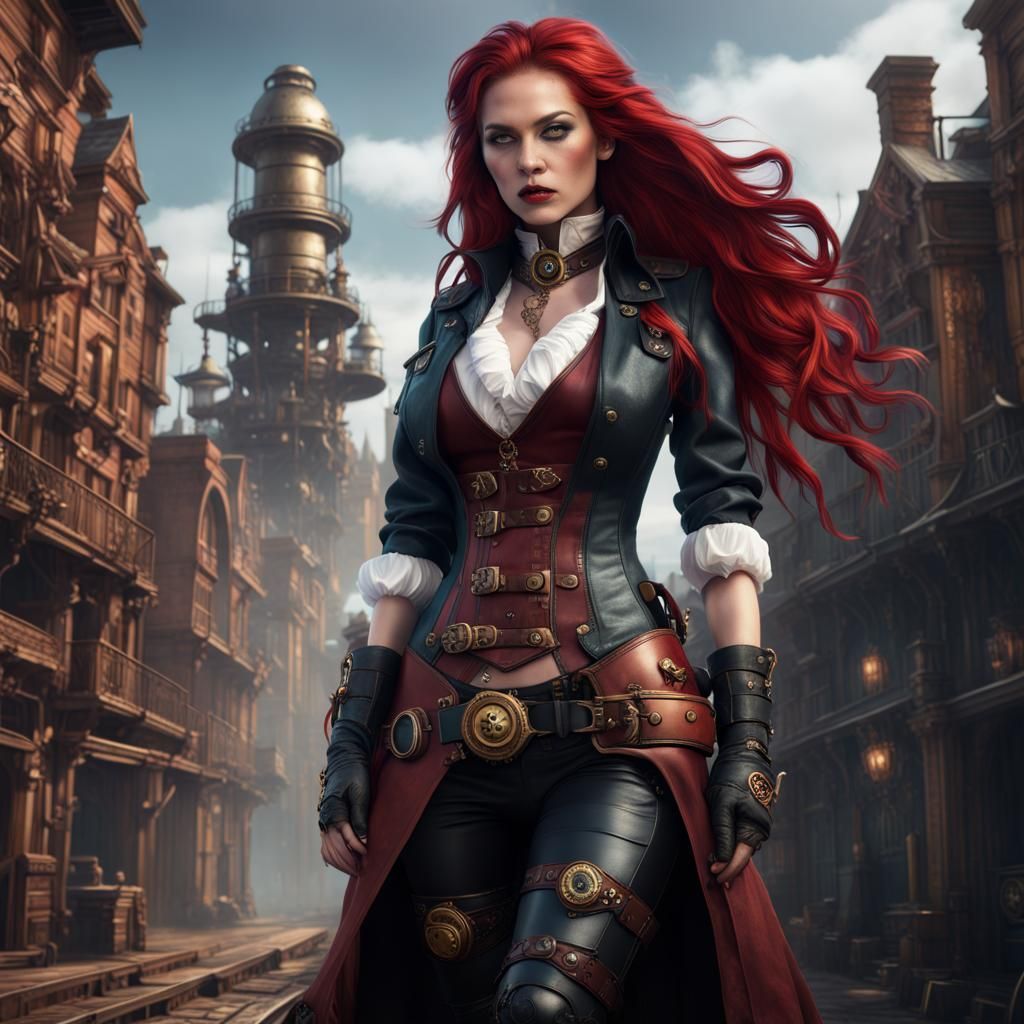 Steampunk Woman with Red Hair in Detailed Digital Art