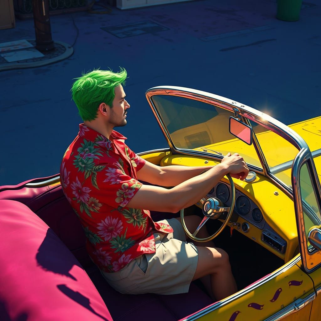 Vibrant Green-Haired Man Drives Bright Yellow Taxi in Sunset...