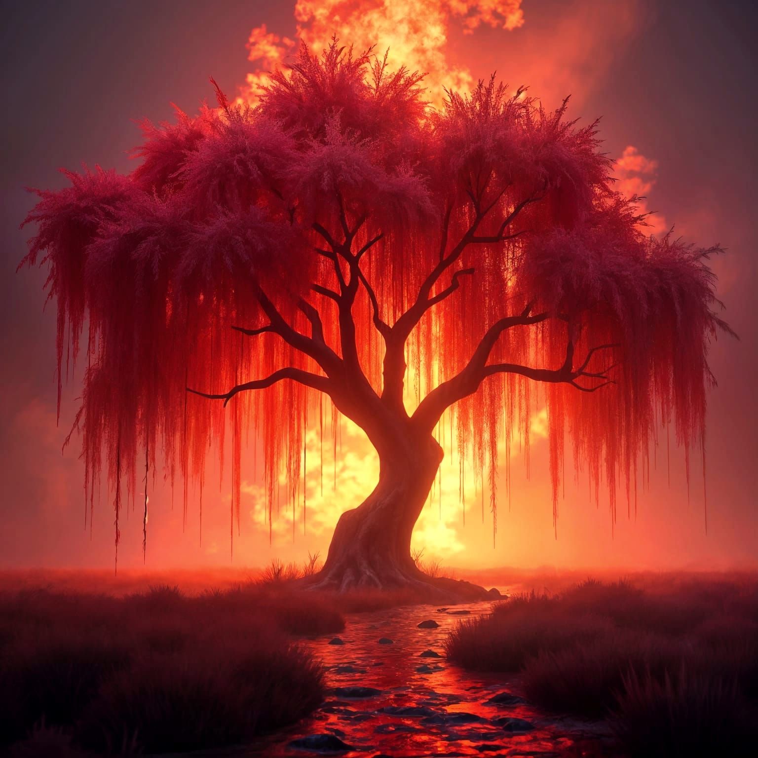 Blooming Weeping Willow in a Fiery Fantasy