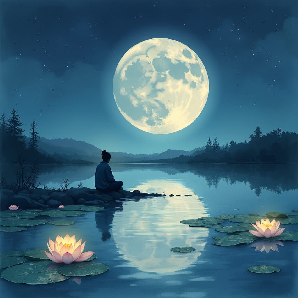 Serene Moonlit Pond with Glowing Lotus Flowers