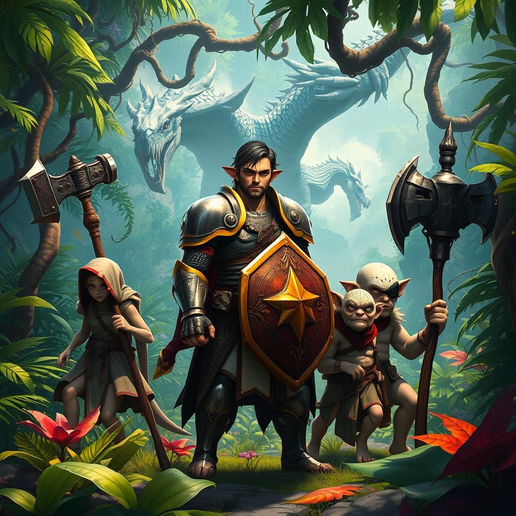 Human Warrior and Goblin Companions Approach Dragon