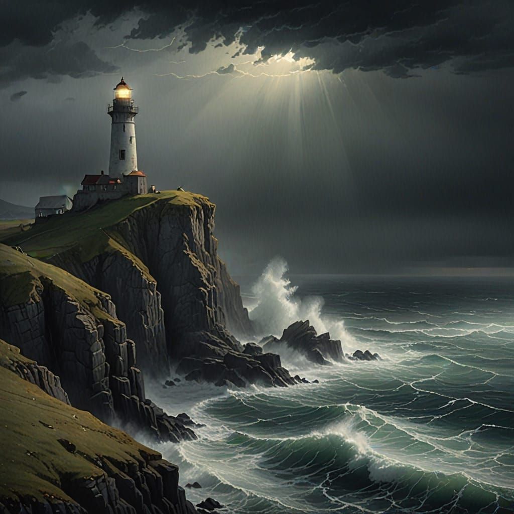 Weathered Lighthouse on Jagged Cliff in Stormy Sea