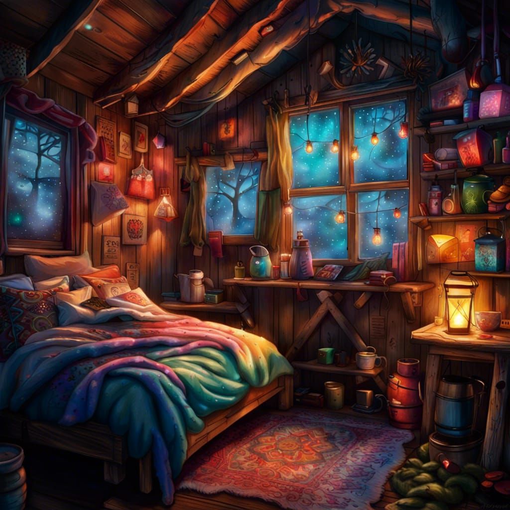 Cozy Cabin in Woods with Fairy Lights