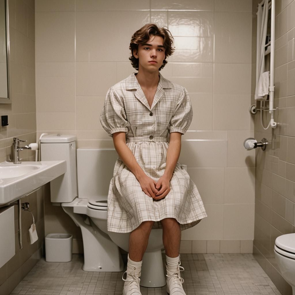 Boy in Dress on Toilet: Cinematic Still