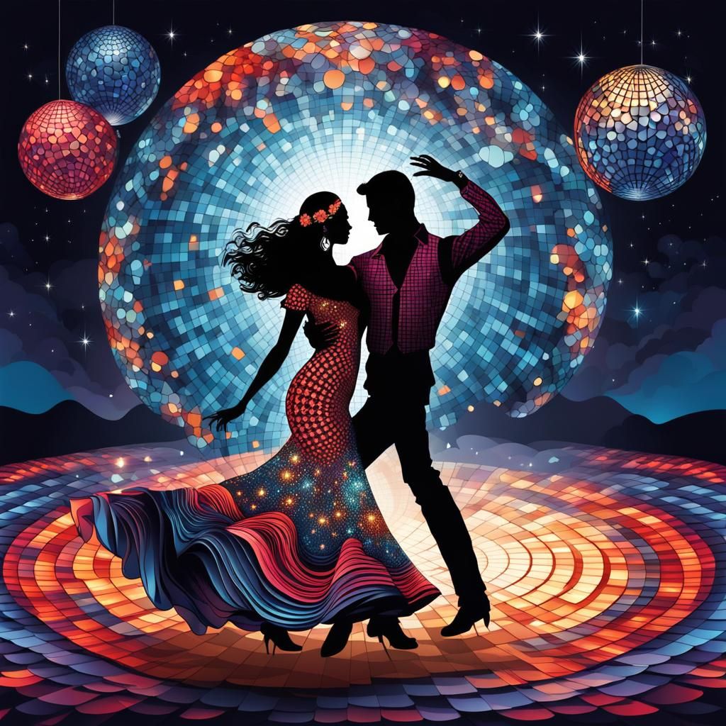 Beatiful girl and handsome boy flamenco dancing on a colorful dance floor with disco ball above and night sky themed