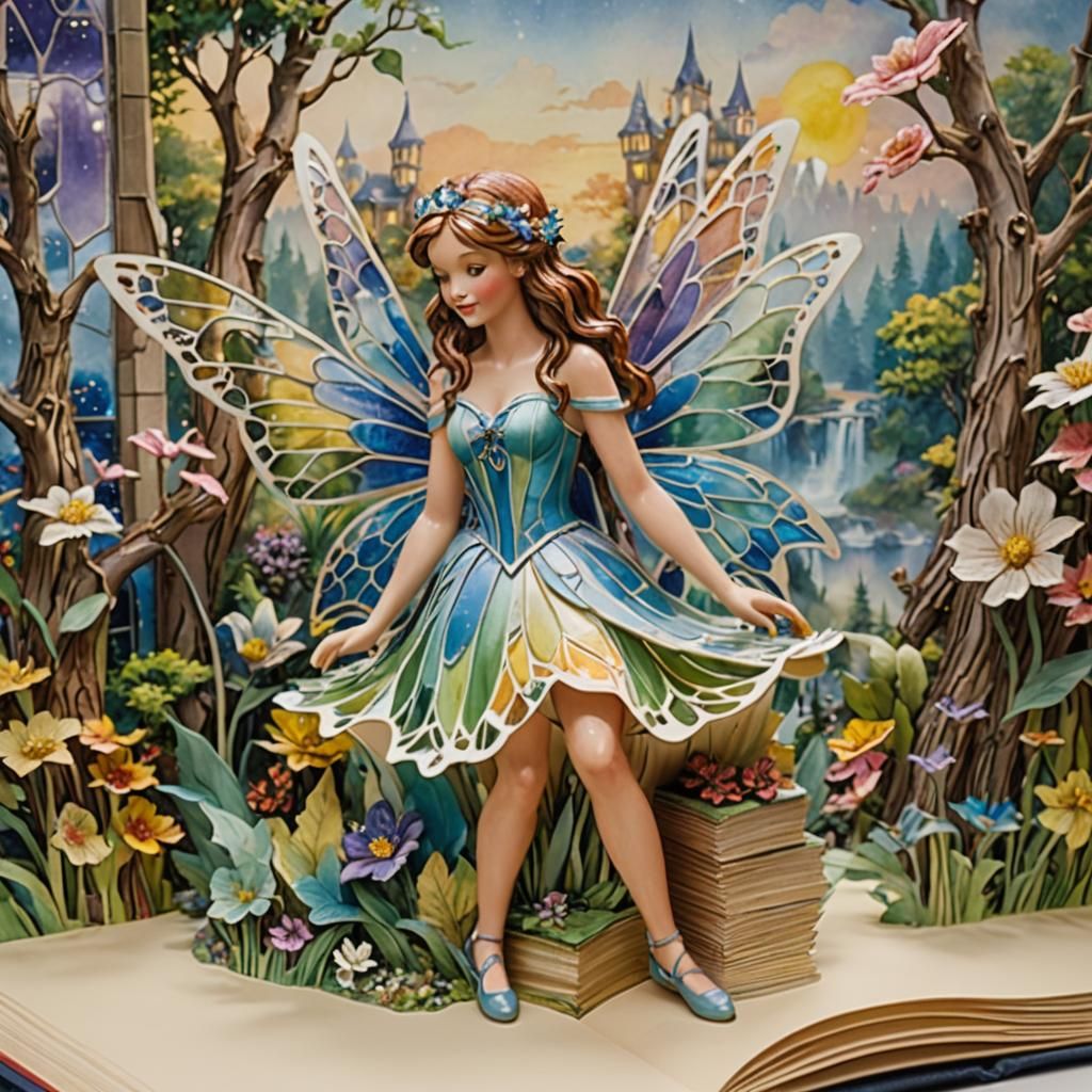 Ceramic Fairy in 3D Pop-up Book with Butterfly Wings