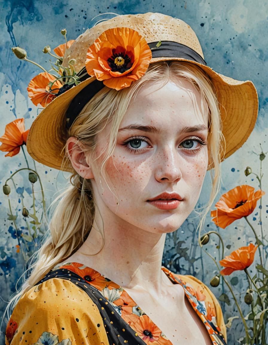 Elegant Woman in Sombrero, Watercolor Portrait