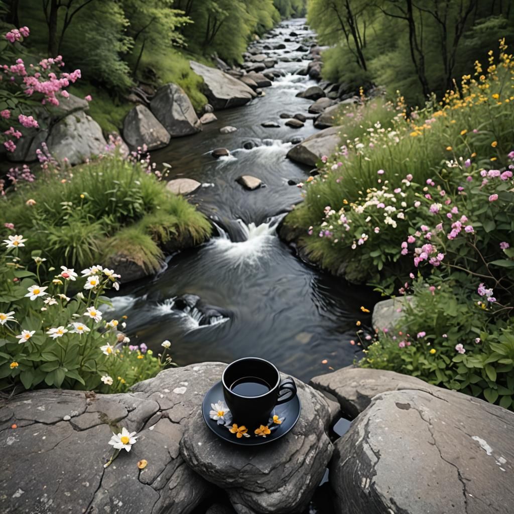 Black Cup by River with Flowers and Trees