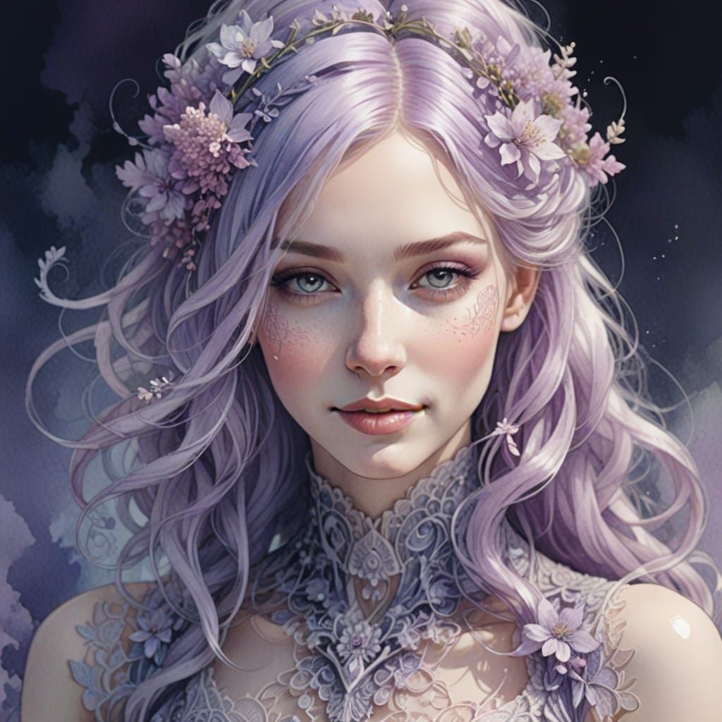 Lilac-Haired Maiden: A Watercolor Line Art Portrait