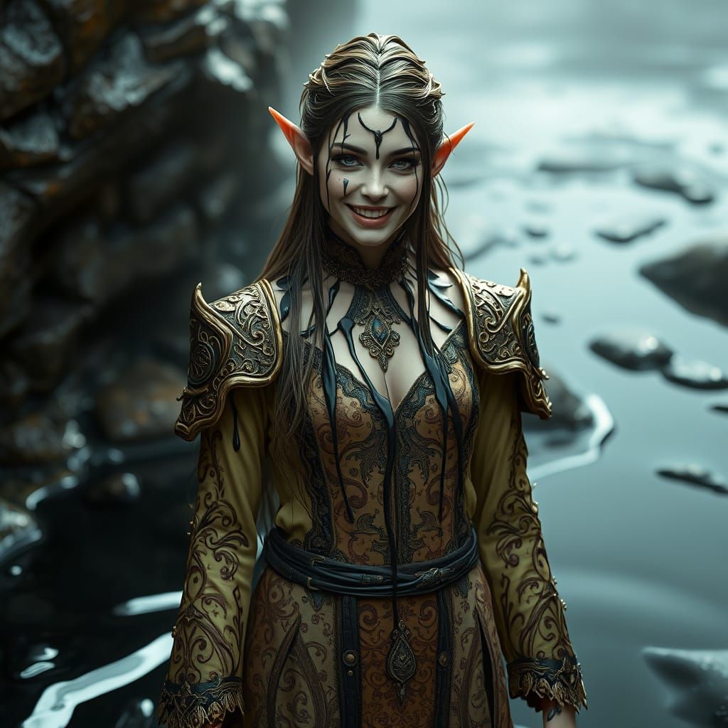 Oiled Elf Woman in Hyperrealistic Setting