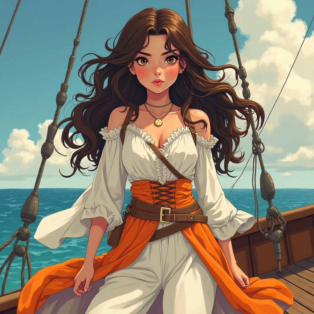 Surreal Pirate Goddess with Vibrant Colors and Bold Lines