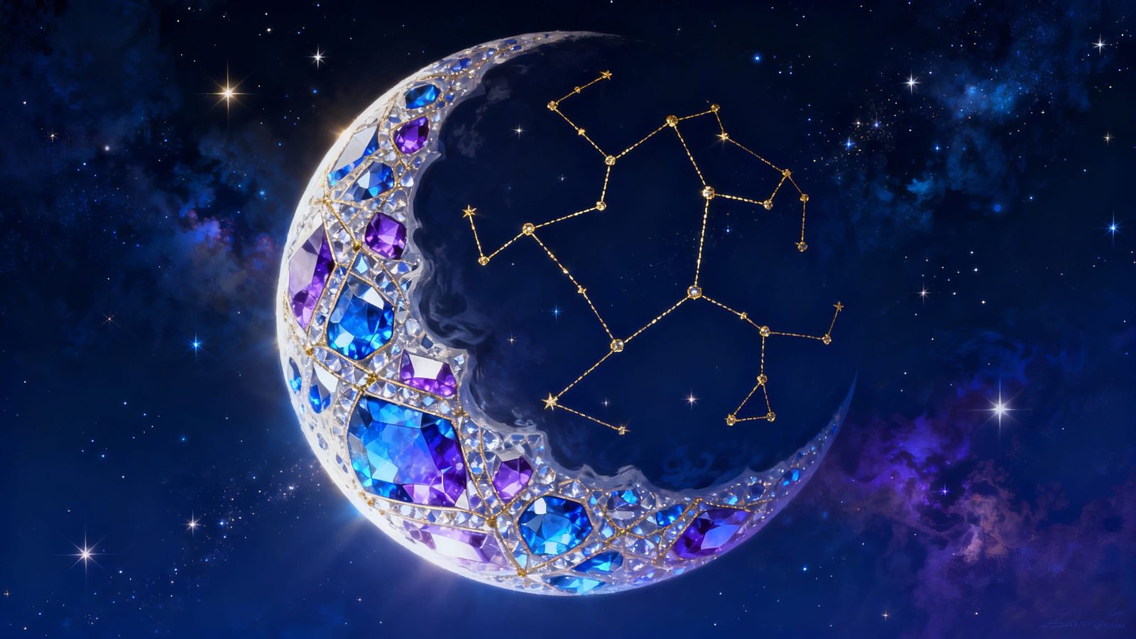 Gigantic Jeweled Moon with Astrology Constellations in Cosmi...