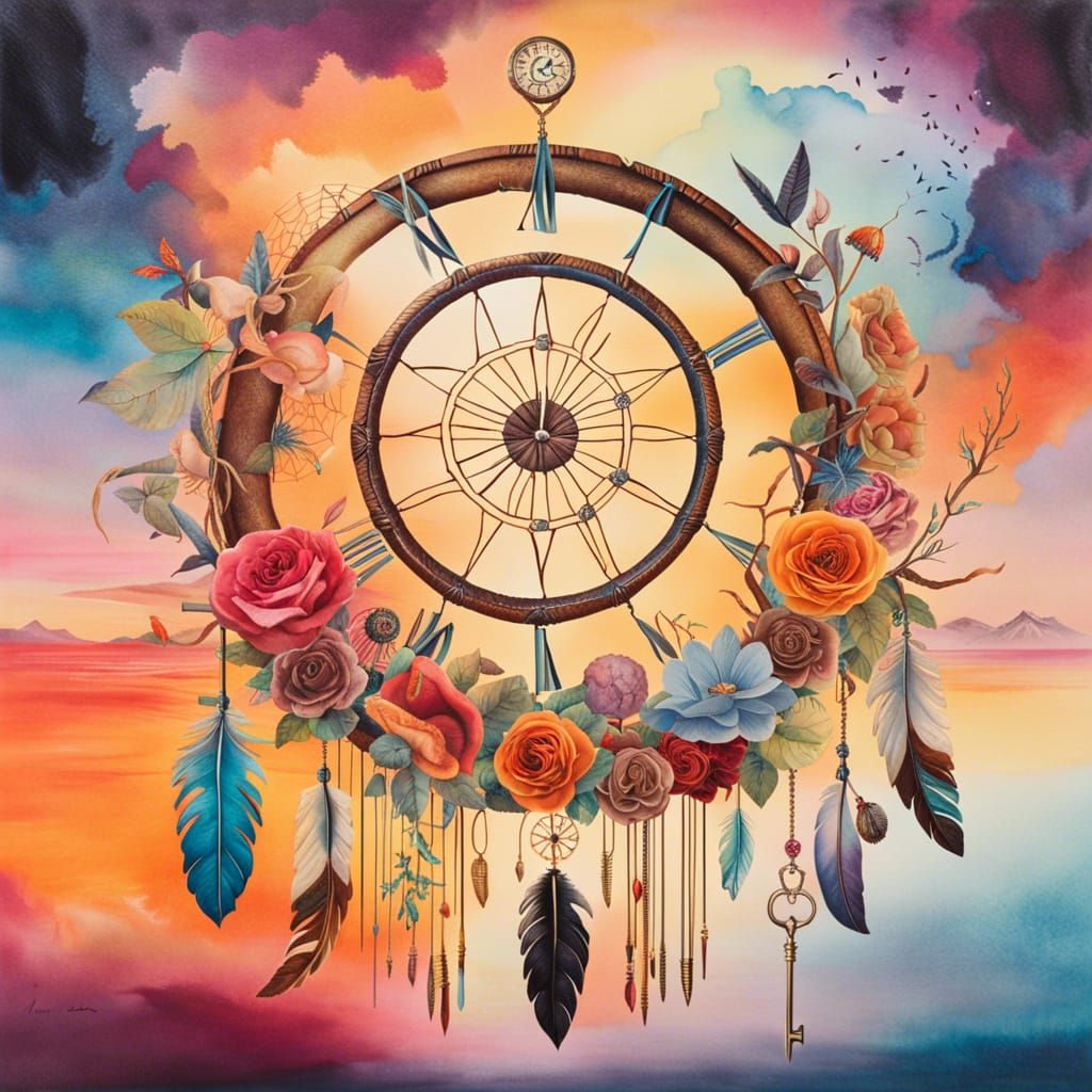 Avant-Garde Dreamcatcher Collage with Watercolor Sunrise