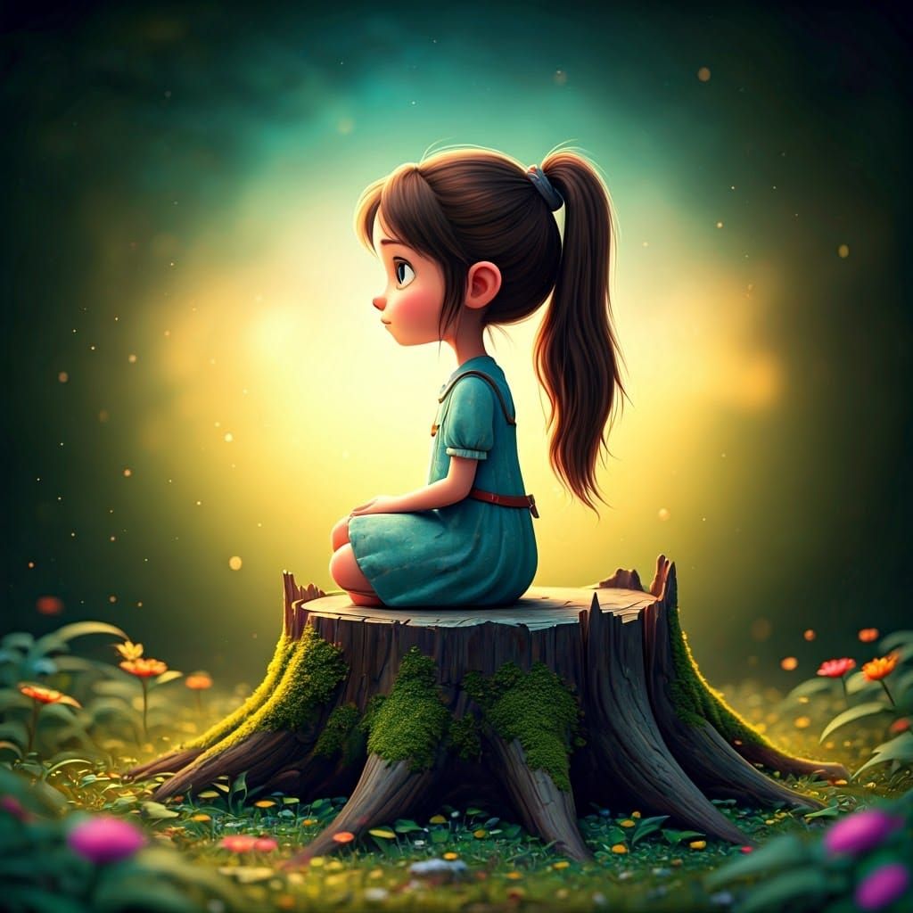 Girl on Stump in Whimsical Forest, 3D Rendered