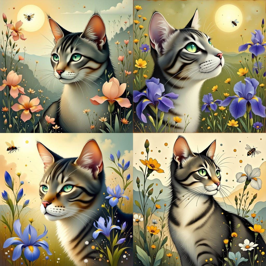 Tabby Cat with Irises in Sunlight: Realistic Portrait