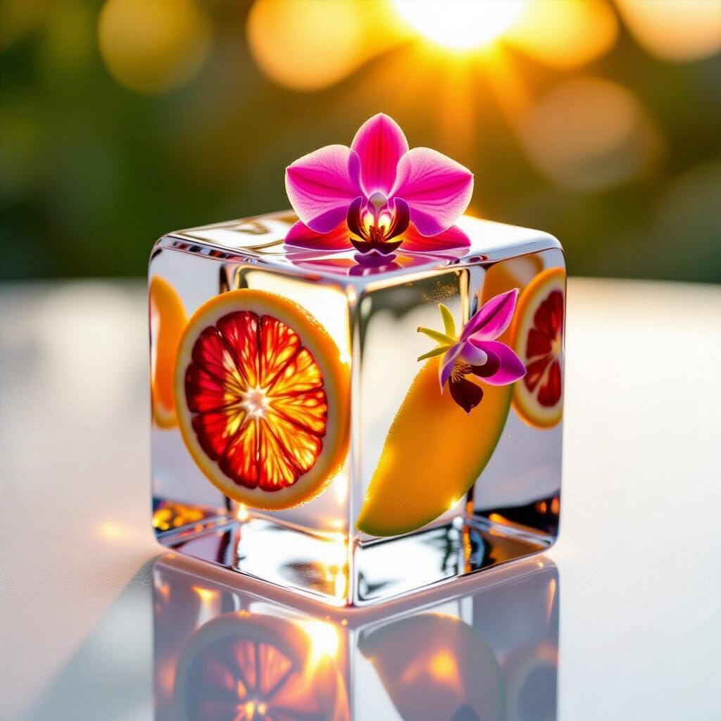 Geometric Ice Cube Capturing Tropical Sunset