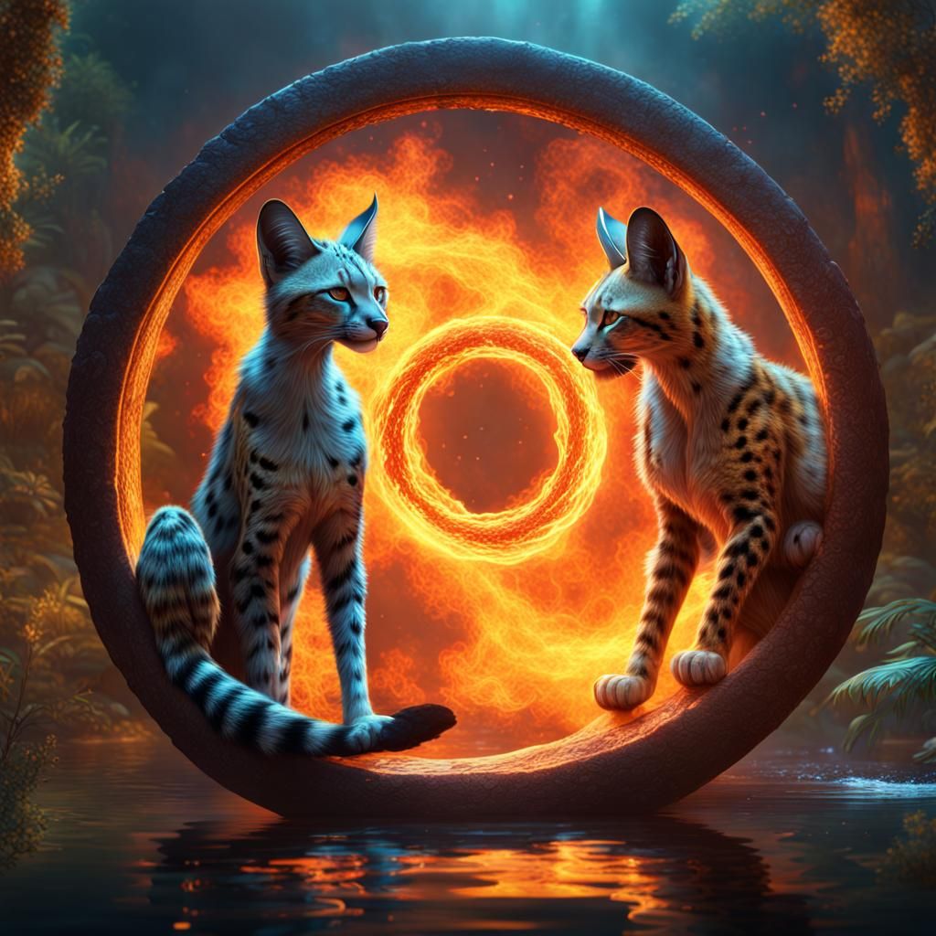 Mystic Water and Fire Servals Circle: Fantasy Art
