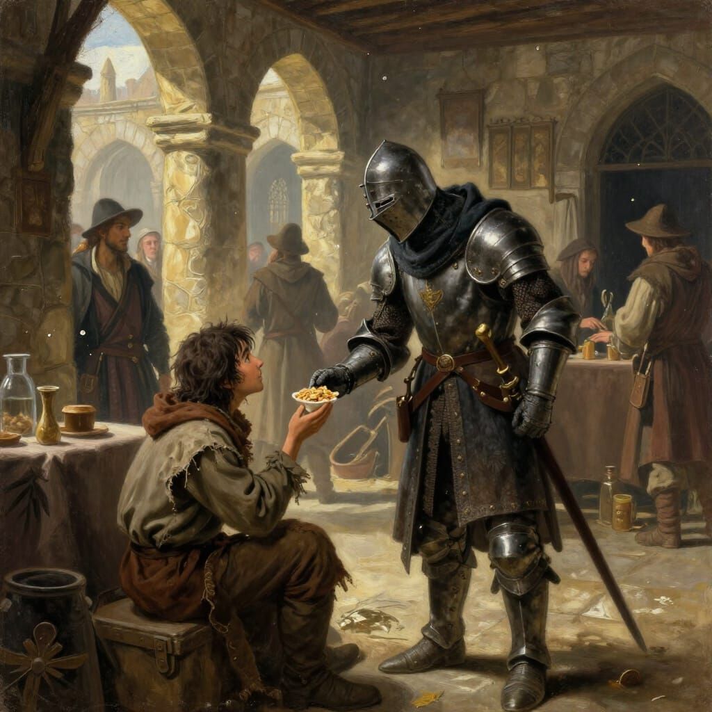 Medieval Knight Shares Rations in Bustling Market