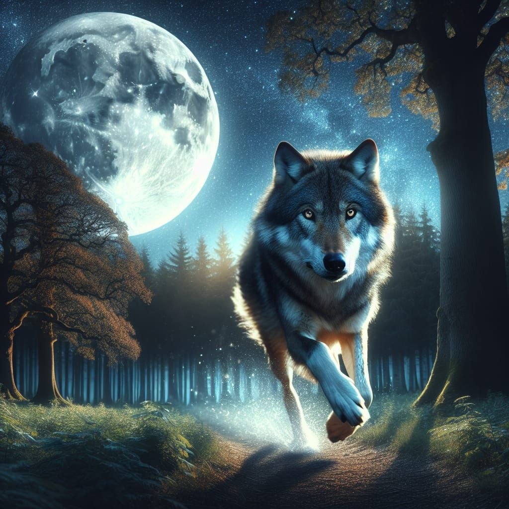Moonlit Wolf Running Through Towering Oak Trees in a Starry....
