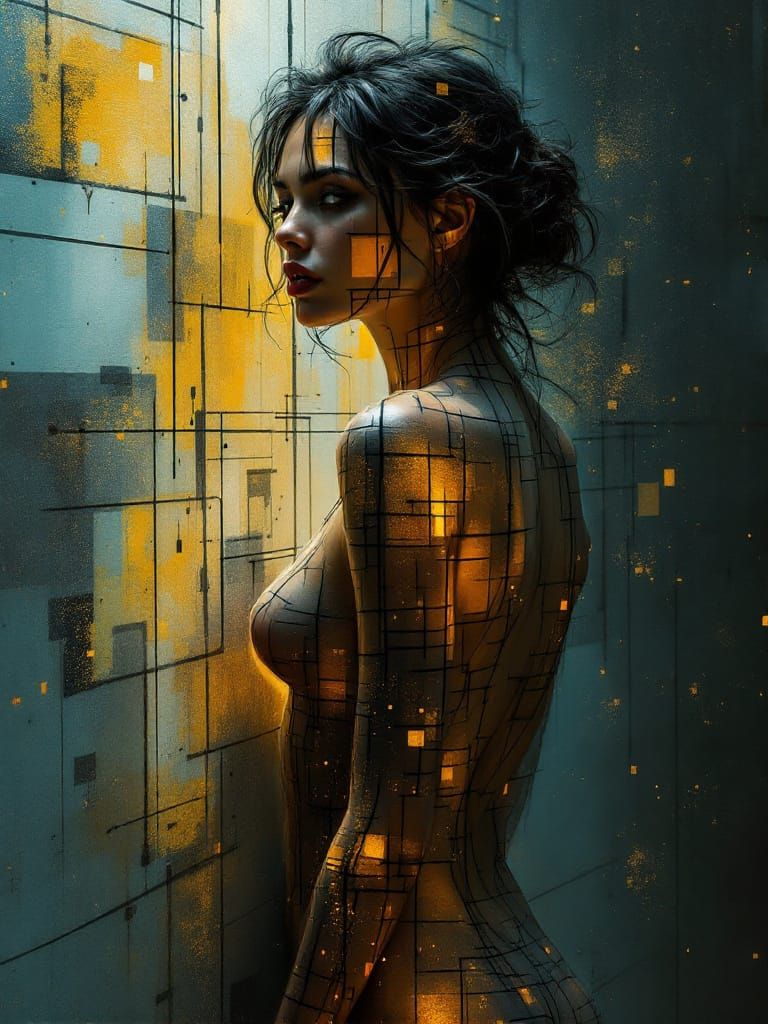 Woman Merging With Geometric Wall Art in Luminous Haze