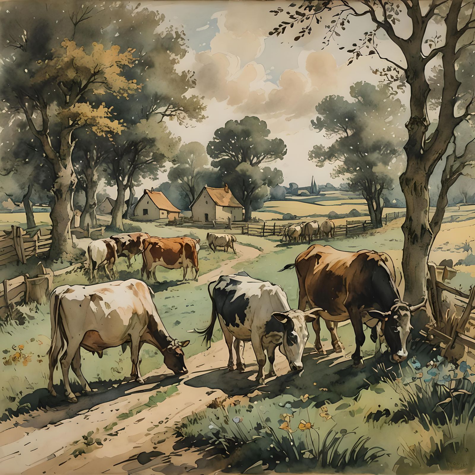 Cows Walking to Barn in Impressionist Style