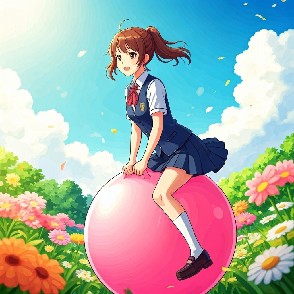 Bouncing Schoolgirl in Ghibli-Inspired Whimsical Scene