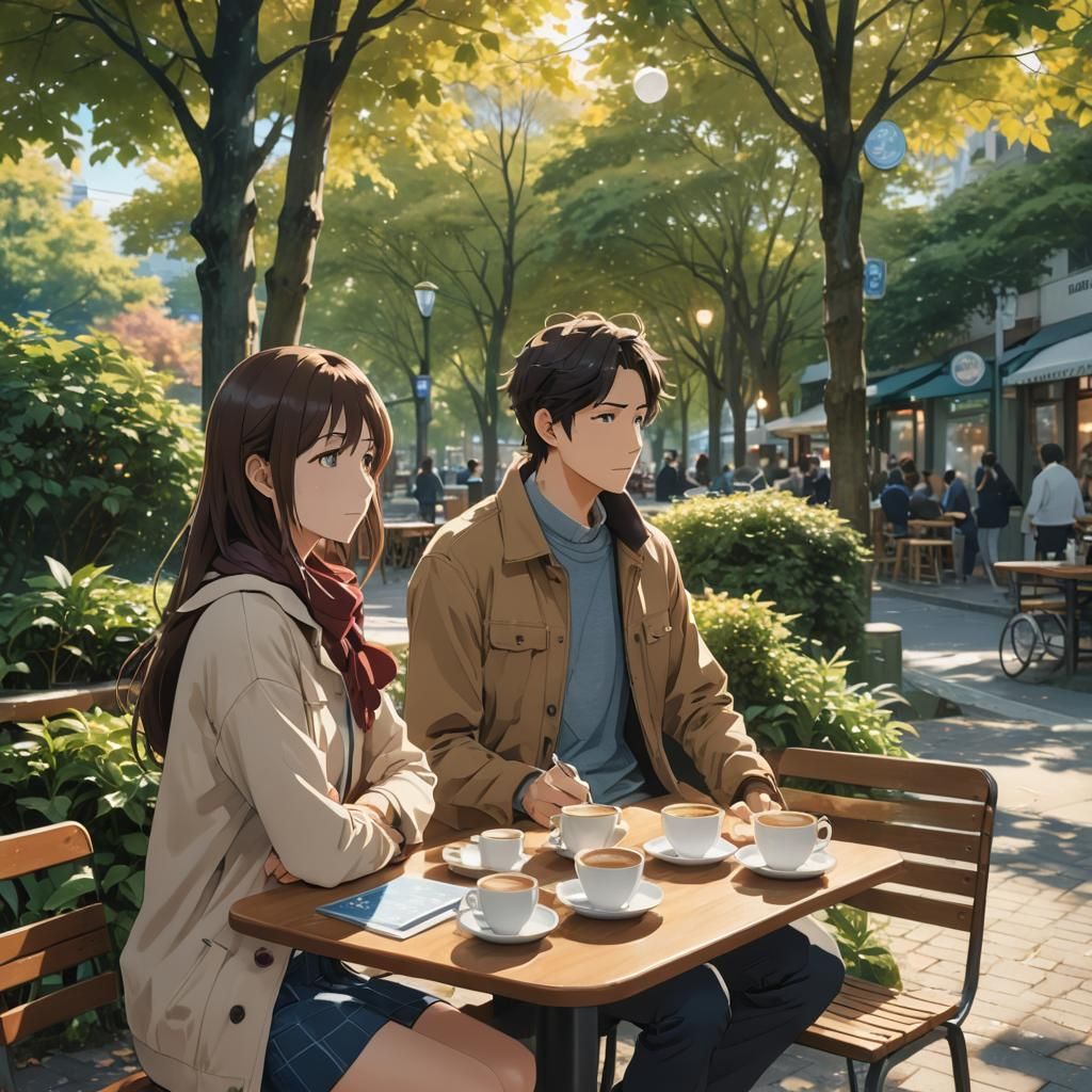 Anime Couple in Cafe with Falling Leaves