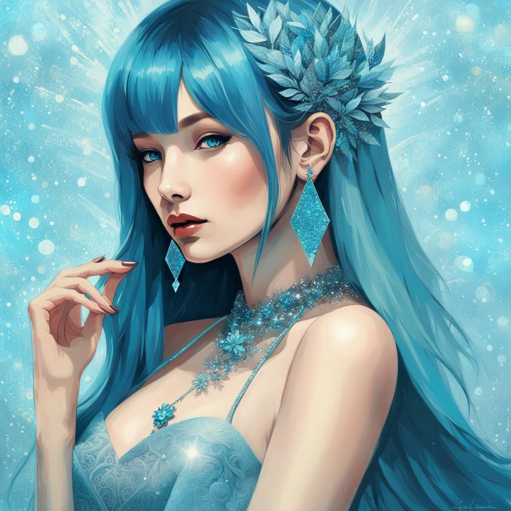 Girl in Glittering Blue Dreamscape, Art Brut Style