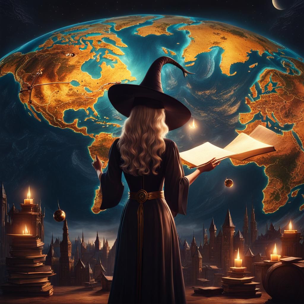 Fantasy Witch Casting Spell Before World Map
