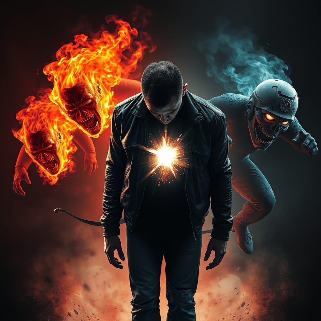 Man Under Attack by Embodied PTSD in Cyberpunk Style