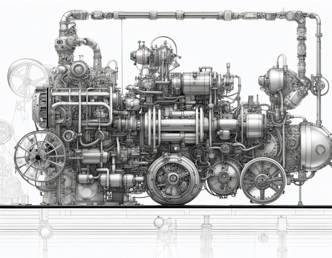 Detailed Ink Drawing of Steam Engine in Factory