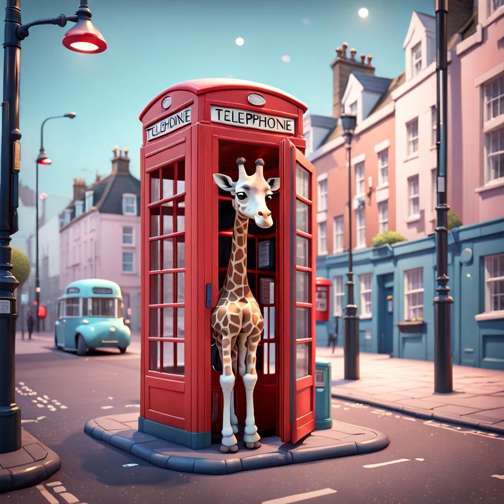 Giraffe Using Telephone Booth in Pop Surrealism