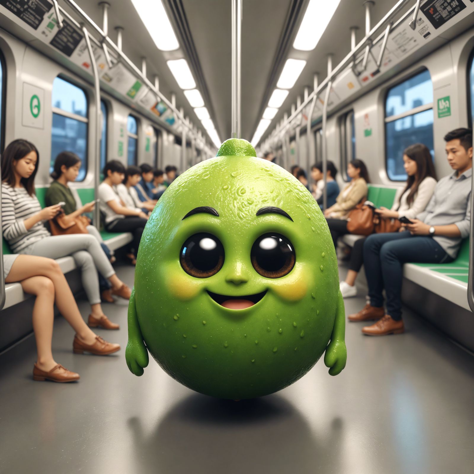 Lime Character on Subway Train in CGI Cartoon Style
